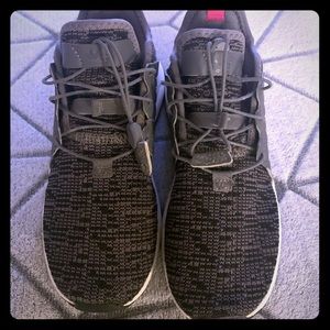 Adidas girls running shoes gray and pink.